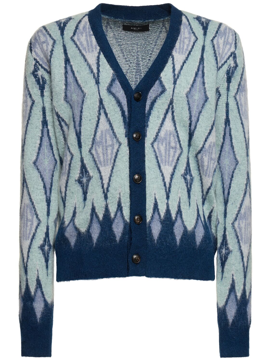 Shop Amiri Argyle Mohair Blend Knit Cardigan In Blue