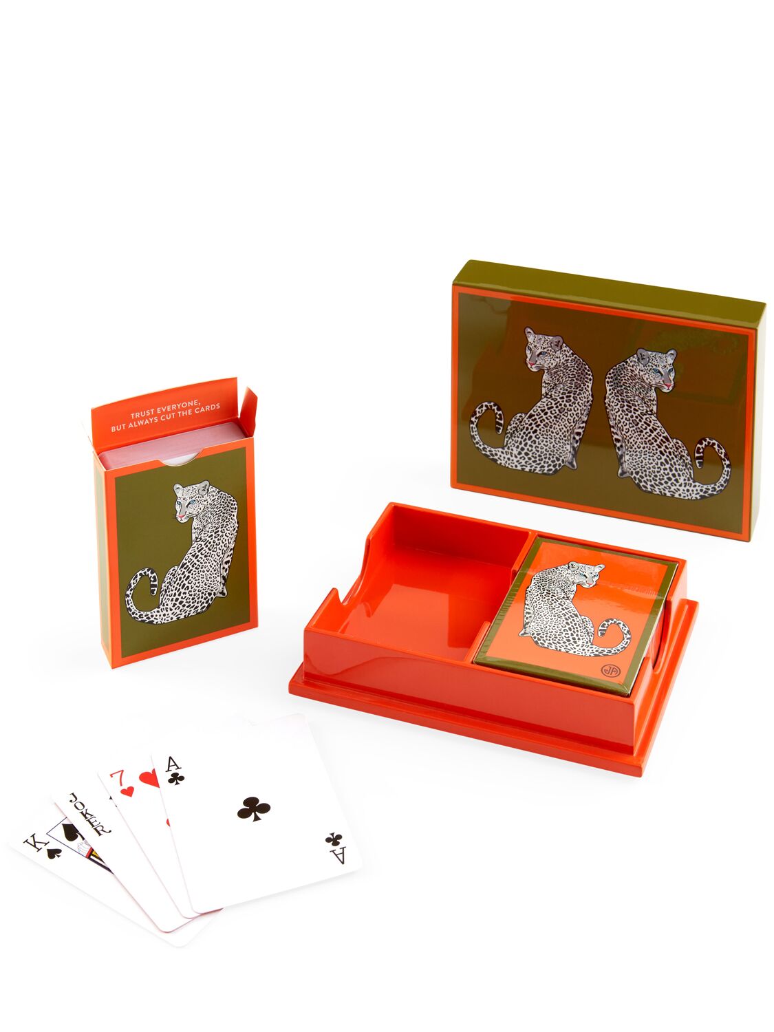 Jonathan Adler Leopard Lacquer Box & Playing Cards Set In Orange