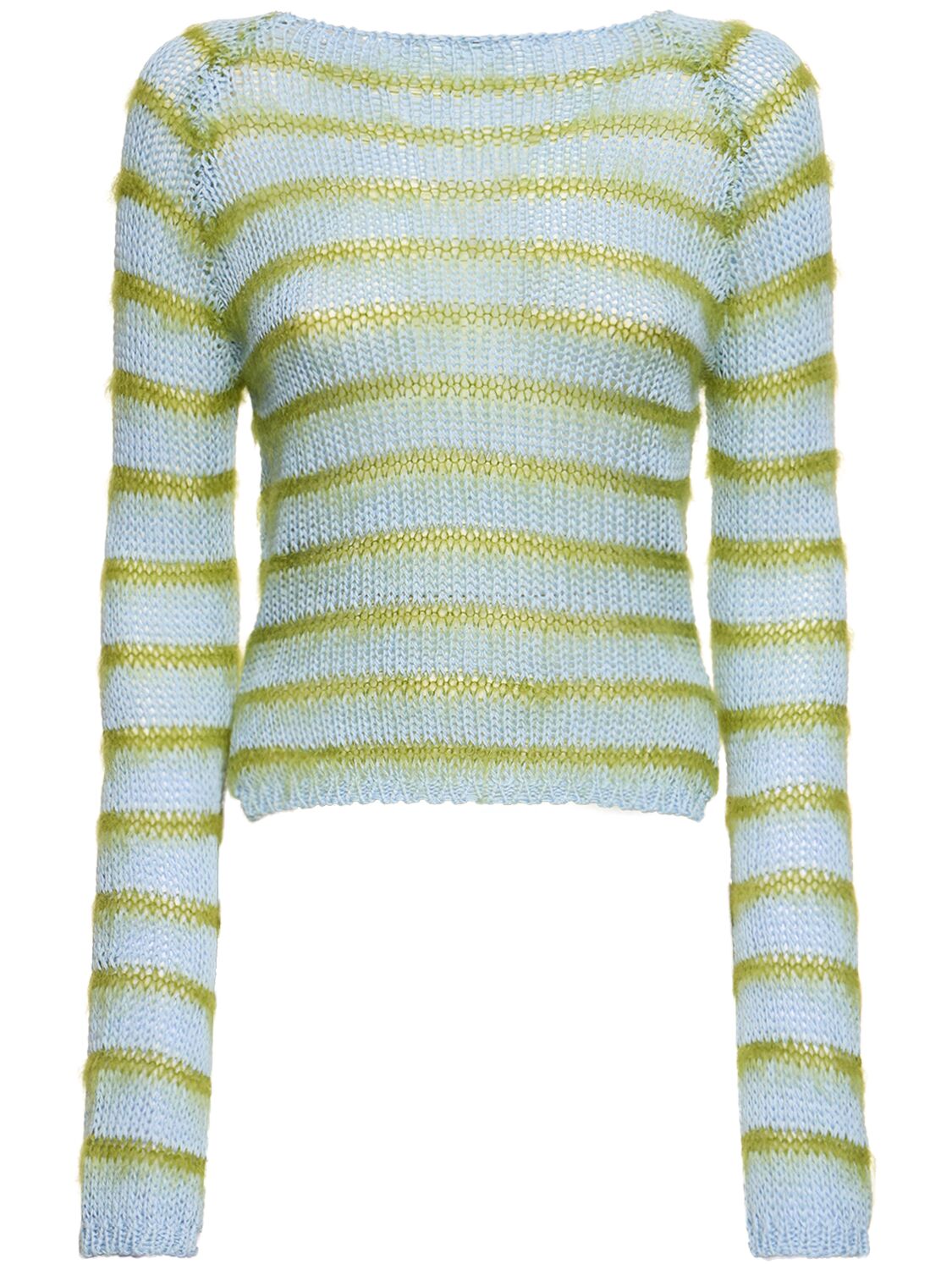 Shop Marni Striped Cotton Knit L/s Crop Sweater In Blue,green