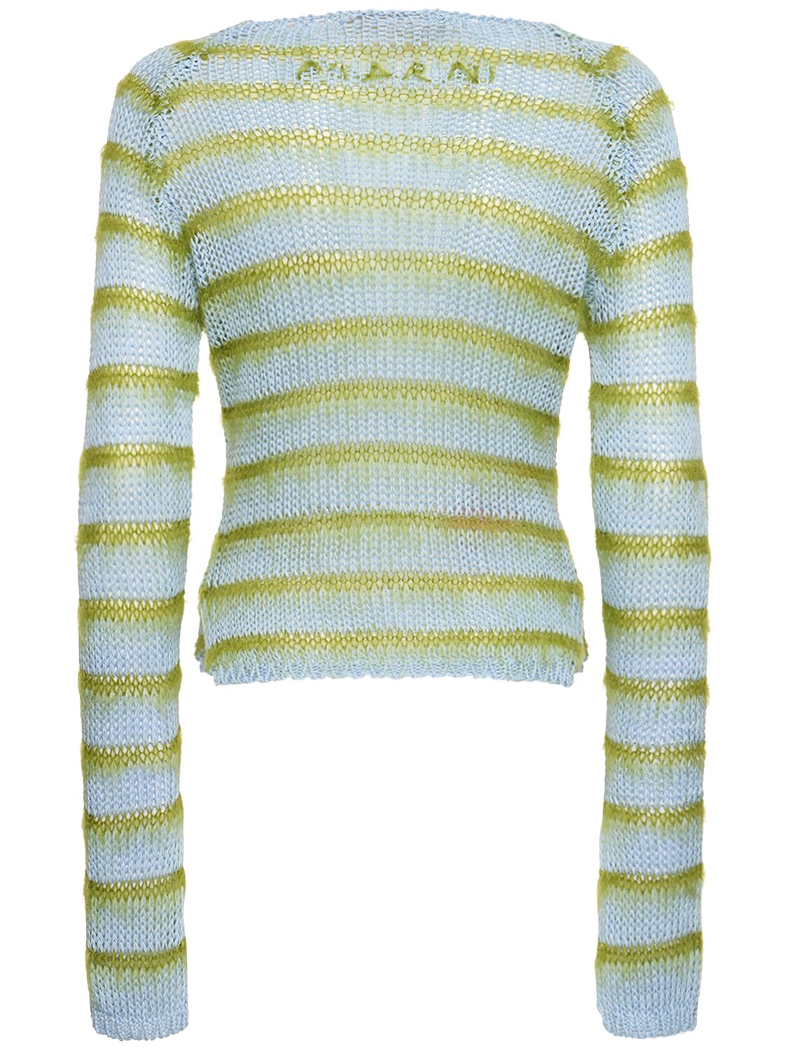 Shop Marni Striped Cotton Knit L/s Crop Sweater In Blue,green