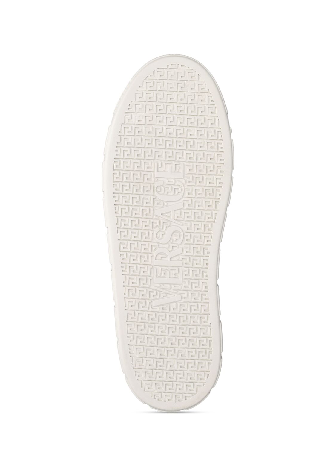 Shop Versace Faux Leather Logo Sneakers In White,gold
