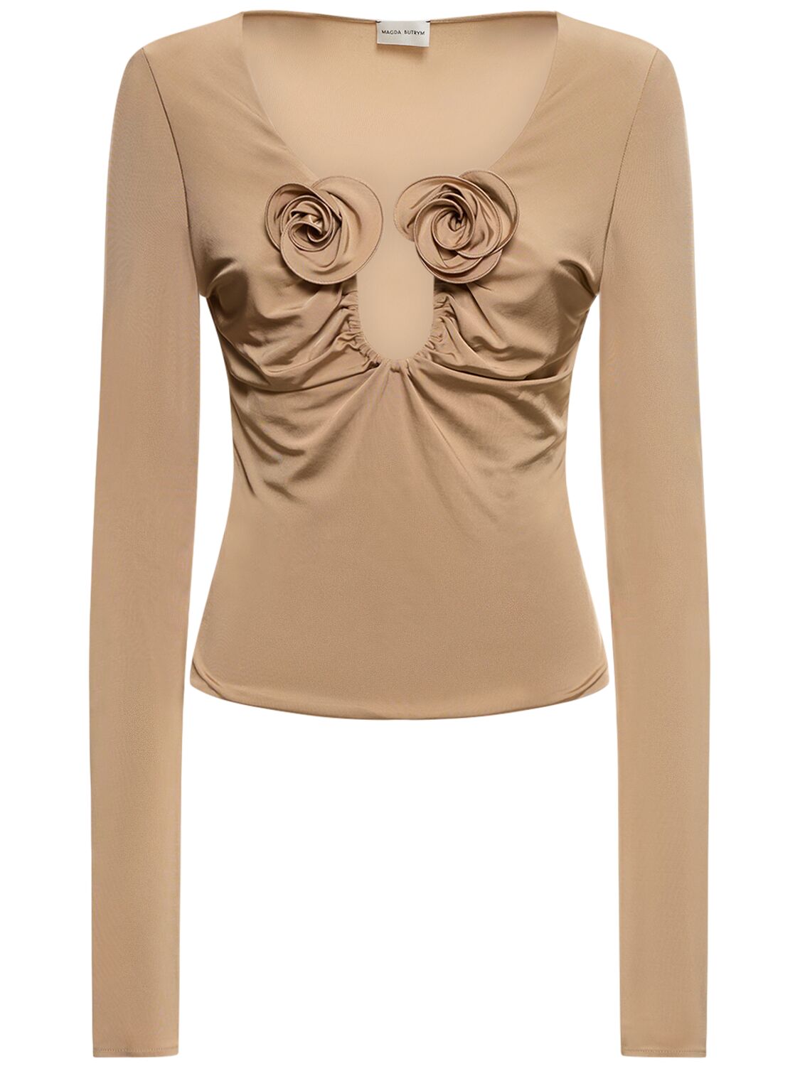 Magda Butrym Draped Jersey Long Sleeve Top W/roses In Beige