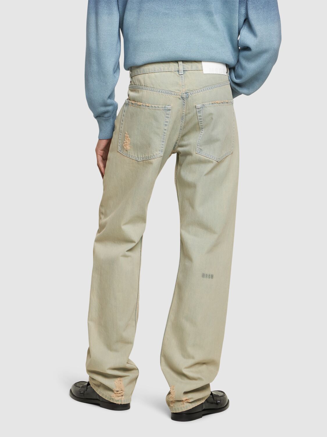 Shop Msgm Distressed Cotton Denim Straight Jeans In Light Blue