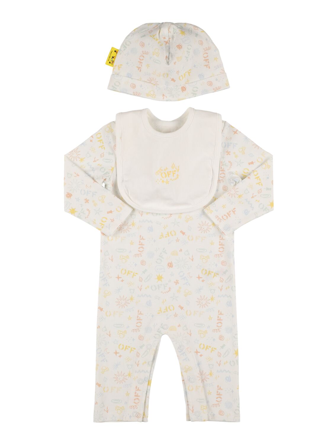 Off-white Babies' Doodle棉质连体衣、围嘴&帽子 In White