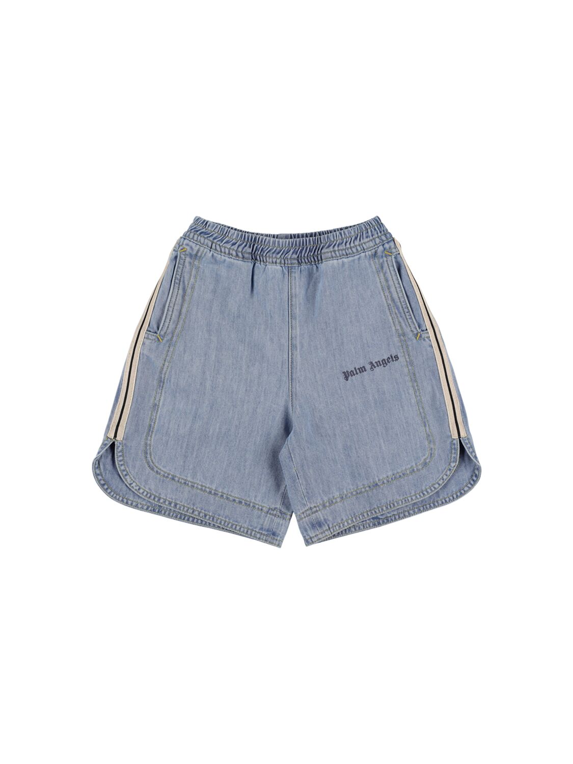 Palm Angels Kids' Pa Track Cotton Chambray Boxer Shorts In Blue