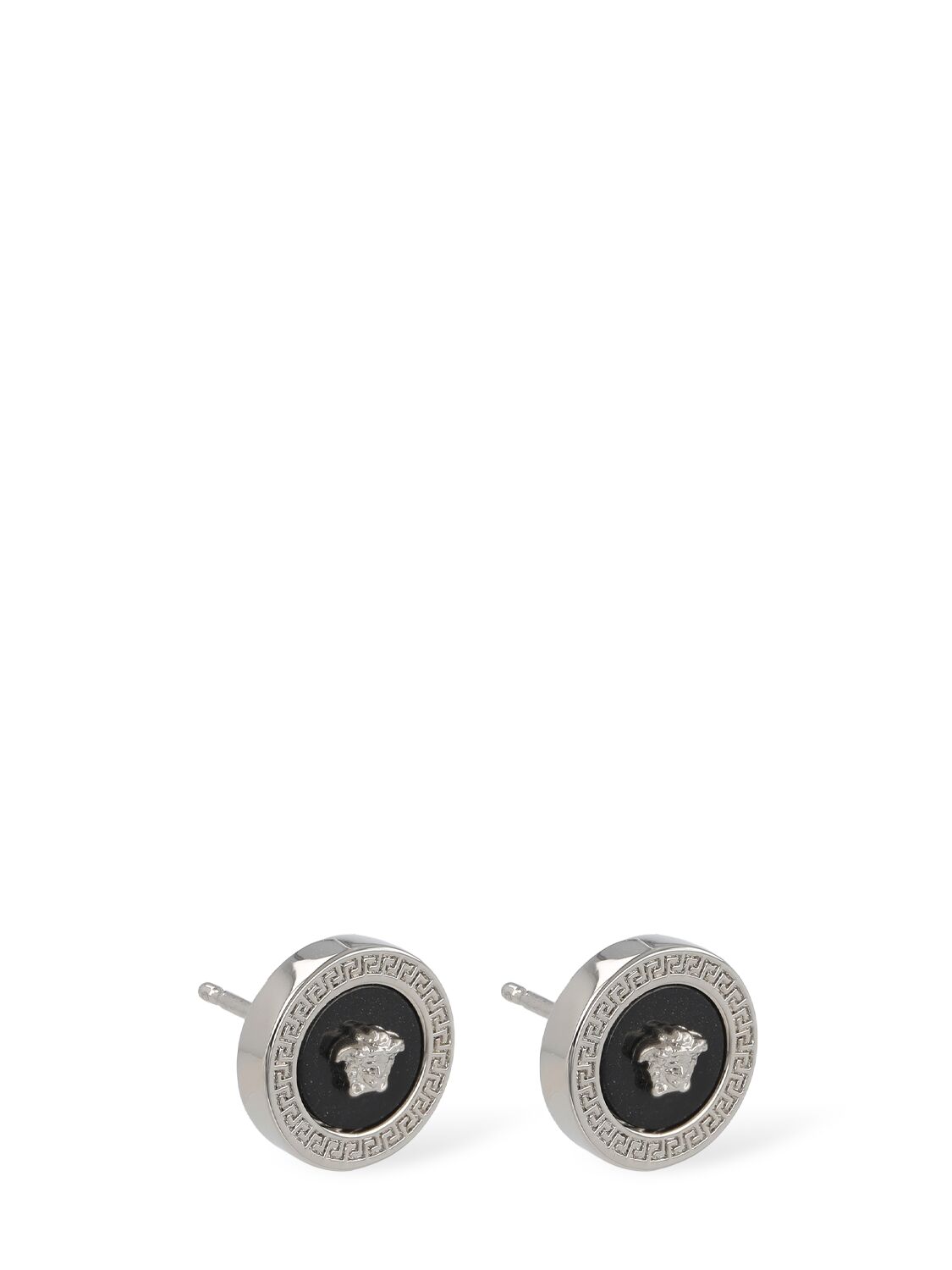 Shop Versace Metal Logo Earrings In Silver,black