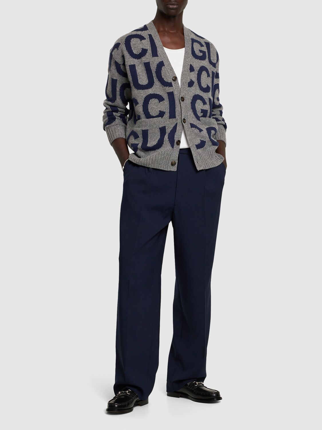 Shop Gucci Gg Logo Soft Wool Cardigan In Grey,blue