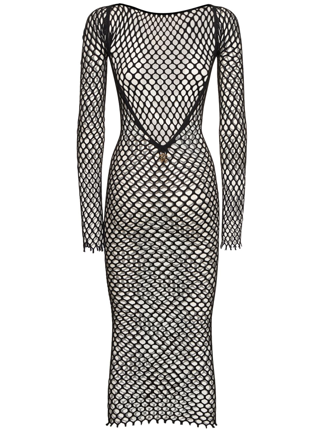 Shop Roberto Cavalli Stretch Viscose Fishnet Midi Dress In Black