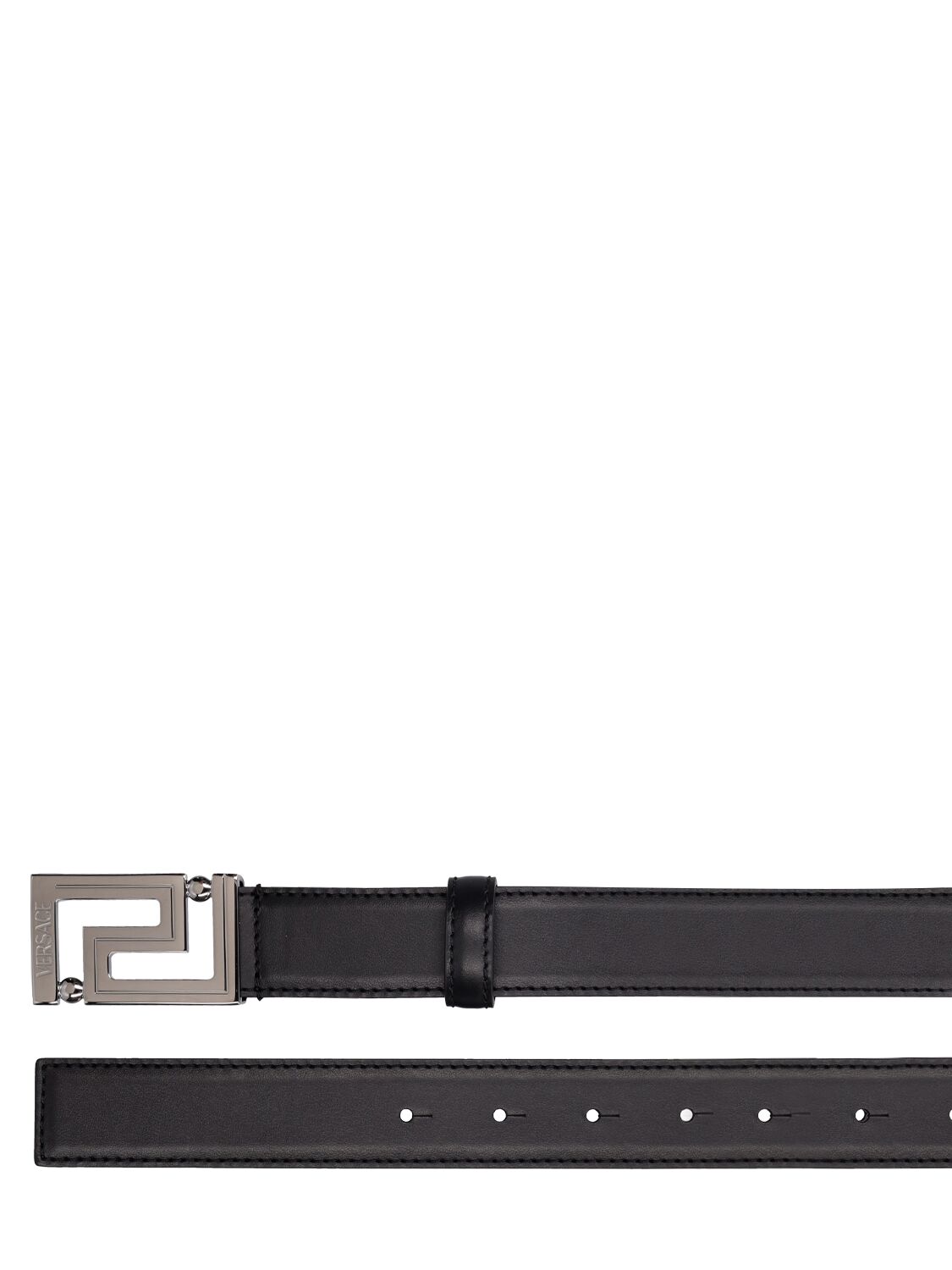 Shop Versace 30mm Greca Leather Belt In Black,silver