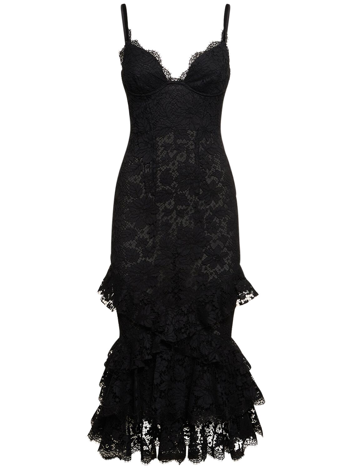 Roberto Cavalli Macramé Lace Ruffled Hem Midi Dress In Black