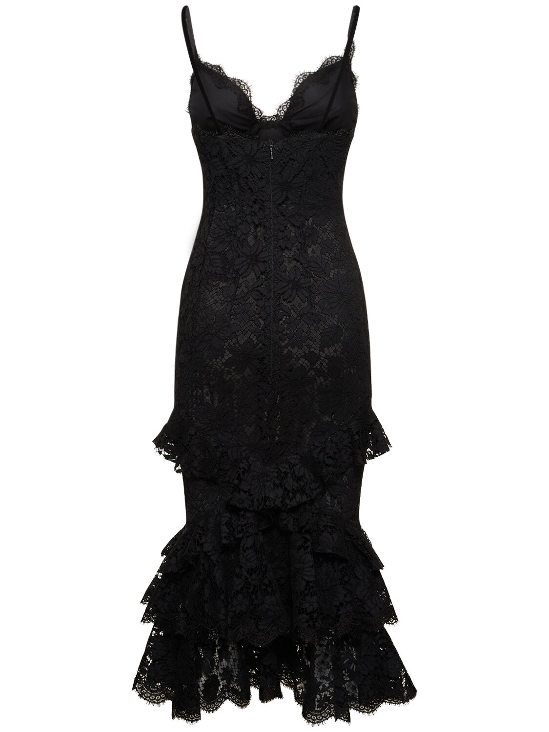 Shop Roberto Cavalli Macramé Lace Ruffled Hem Midi Dress In Black