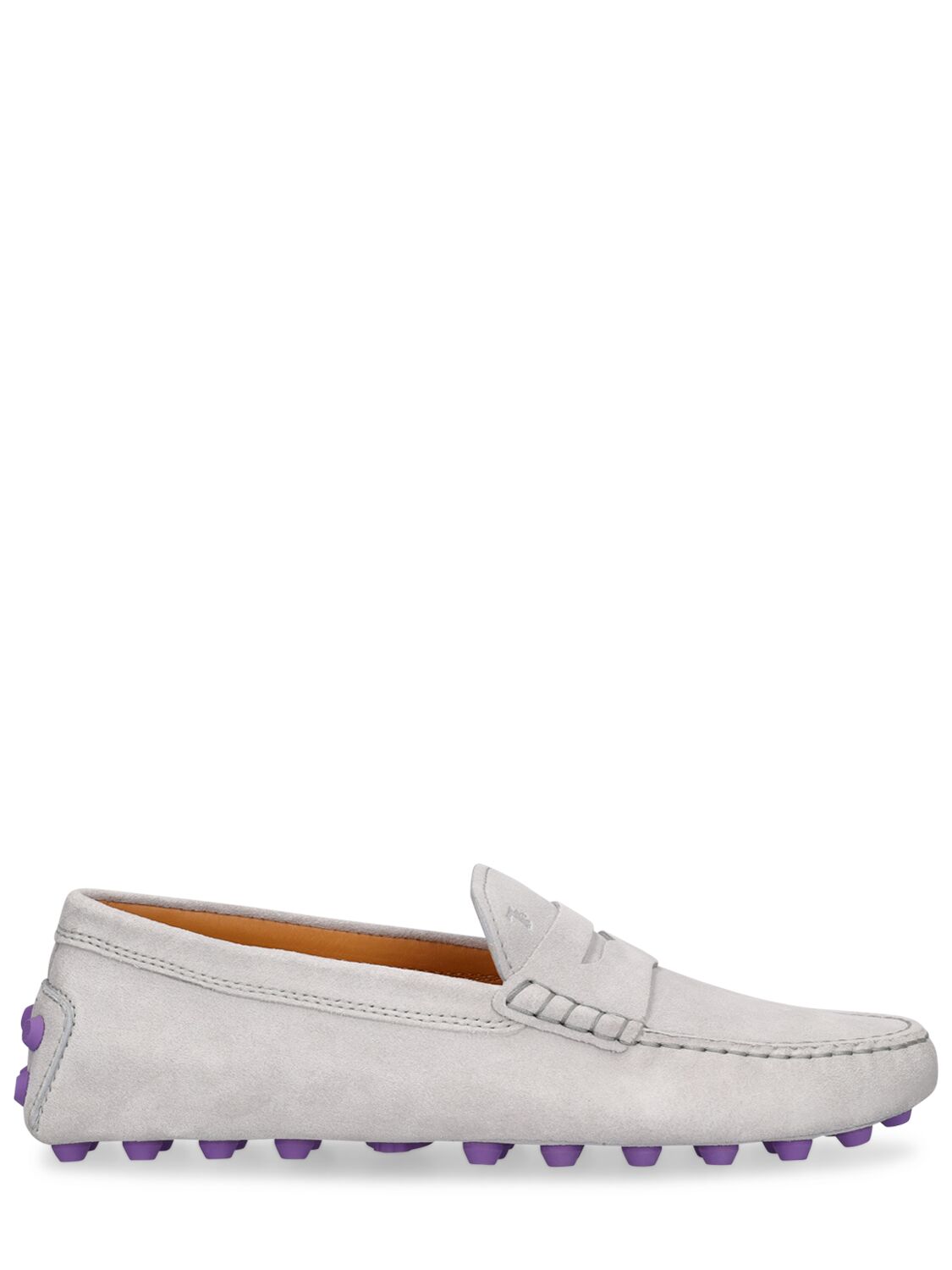 Tod's Gommini Macro Suede Loafers In Light Grey,purp