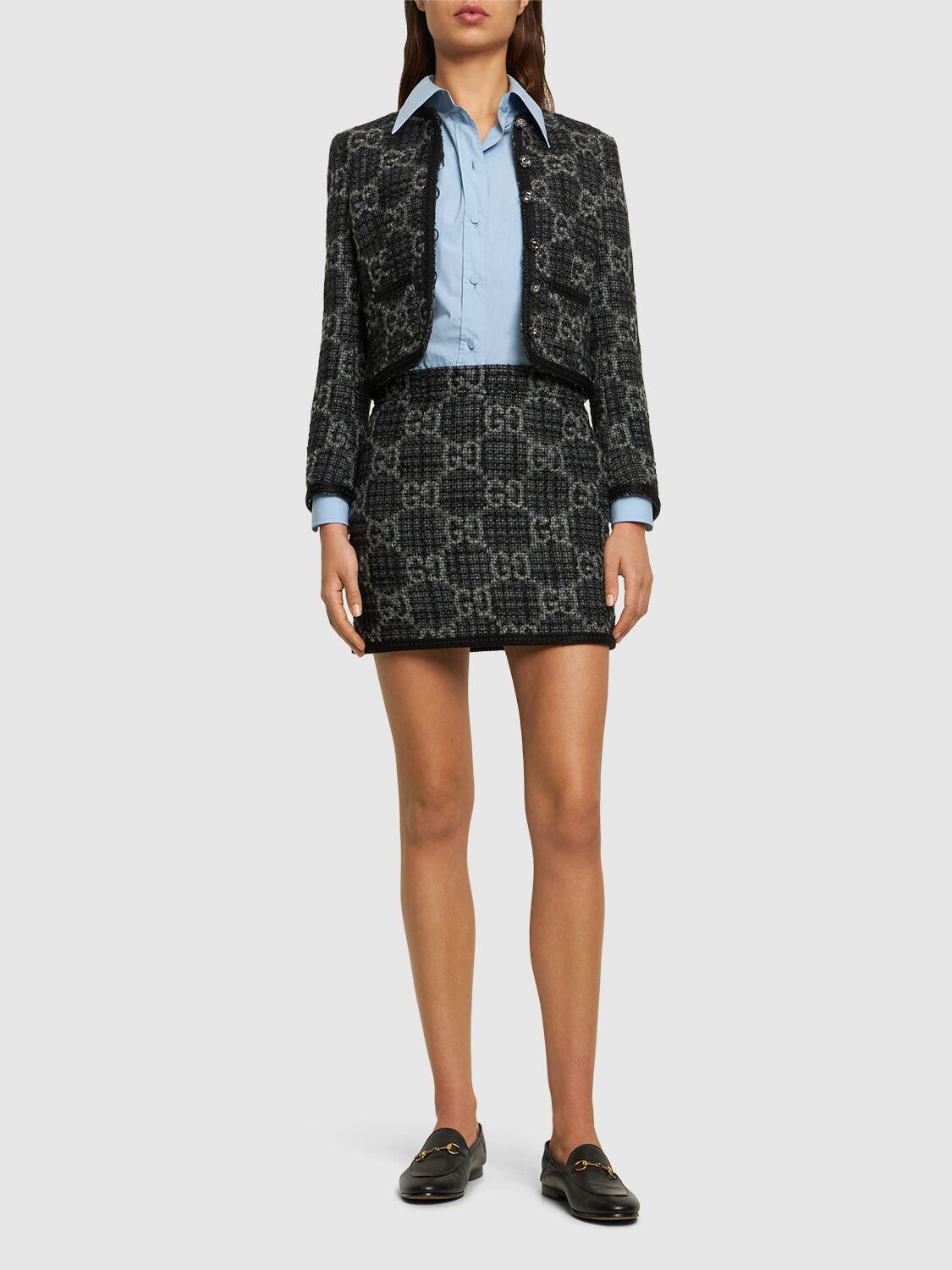 Shop Gucci Gg Wool Blend Tweed Jacket In Dark Grey,black