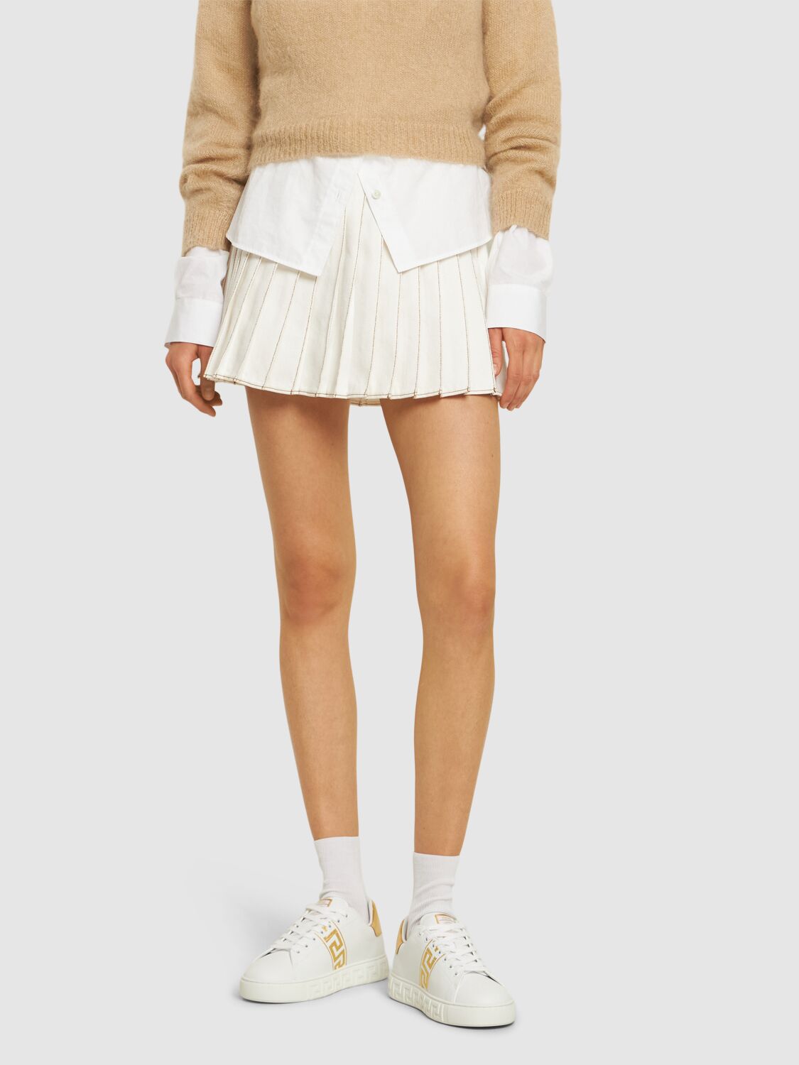 Versace Leather Sneakers Greca Embroidered Detail Gold Accents In White,gold