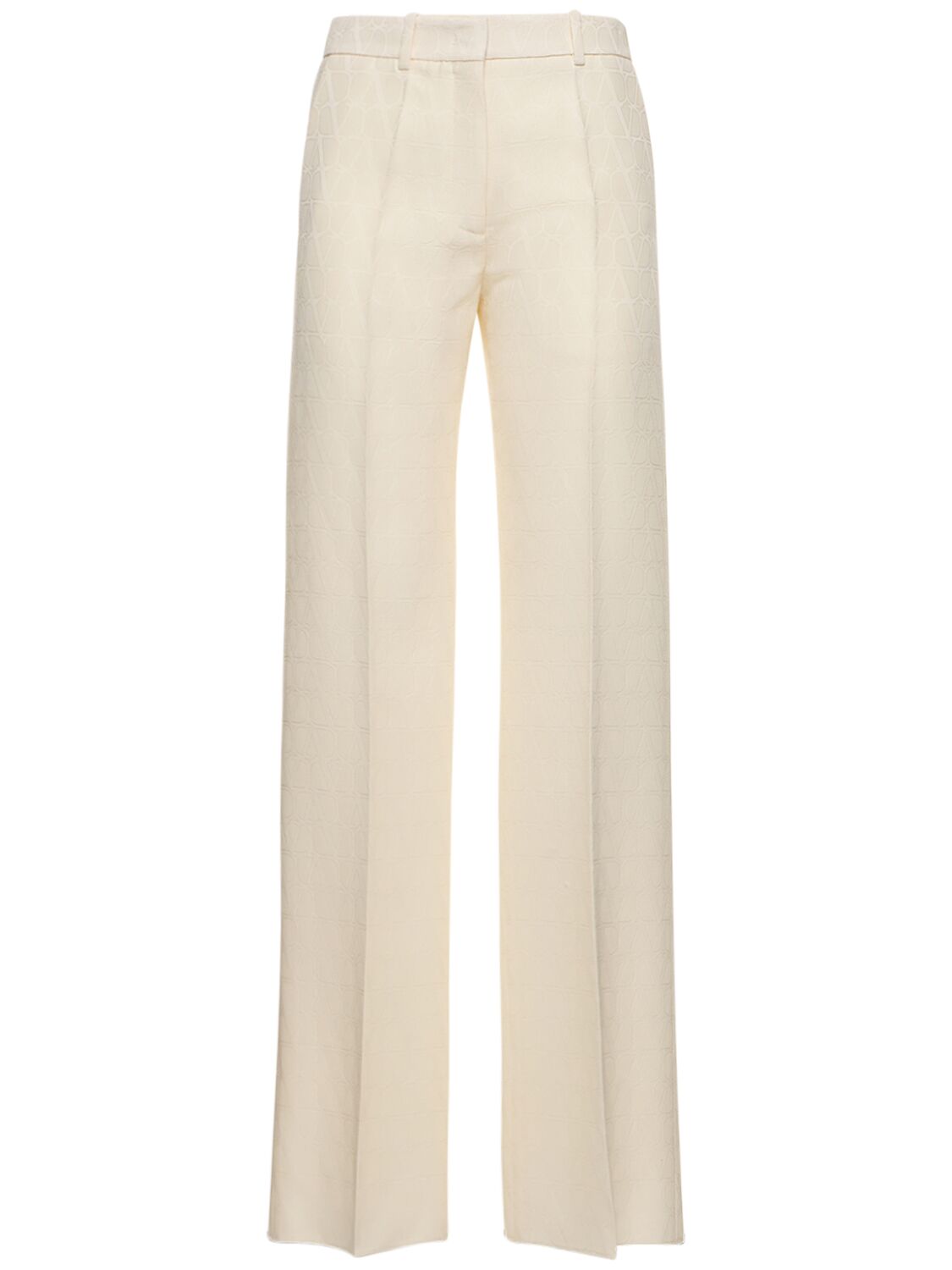 Valentino Wo & Silk Crepe Logo H/wa Straight Pants In Ivory