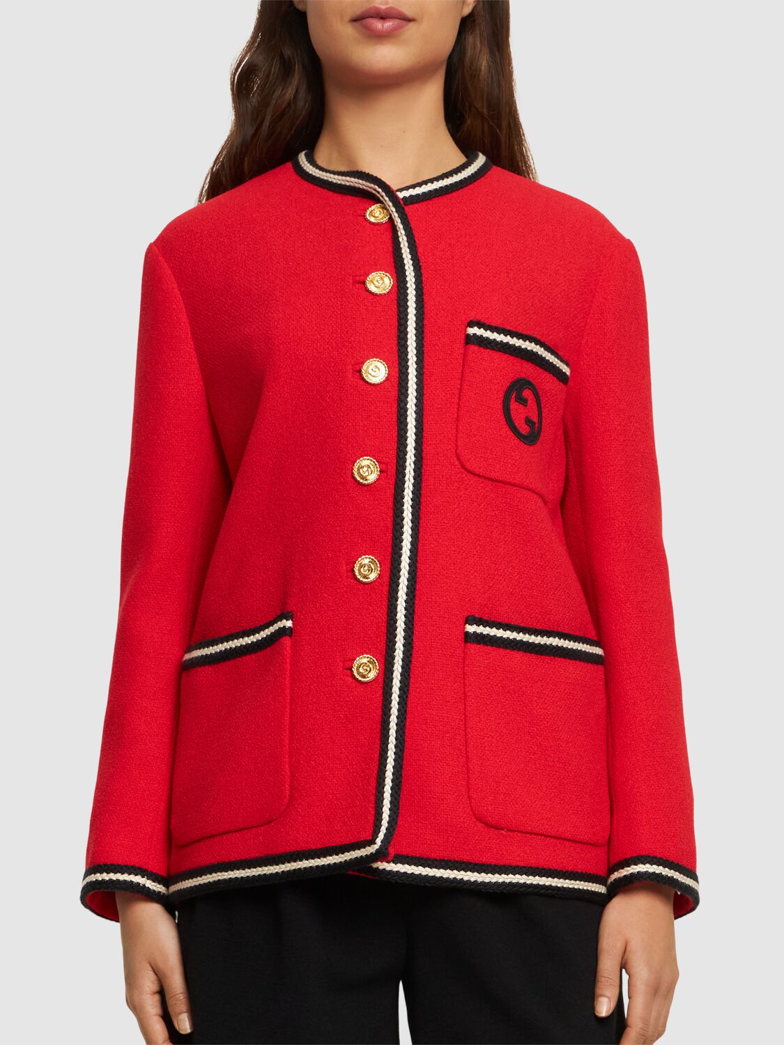 Shop Gucci Wool Tweed Jacket W/ Interlocking G In Strawberry,mix