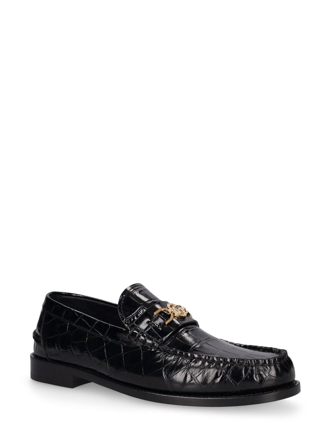 Shop Versace Medusa Croc Embossed Leather Loafers In Black,gold