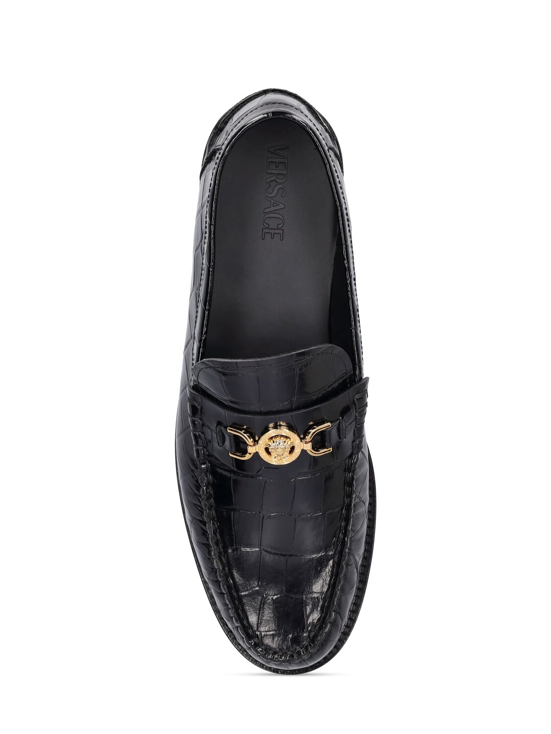 Shop Versace Medusa Croc Embossed Leather Loafers In Black,gold