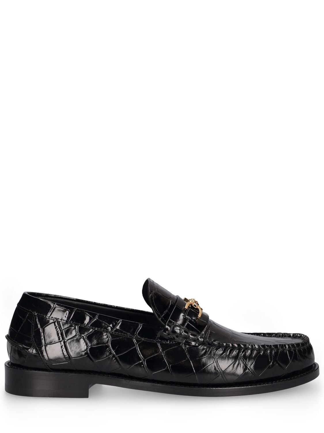 Versace Medusa Croc Embossed Leather Loafers In Black+gold
