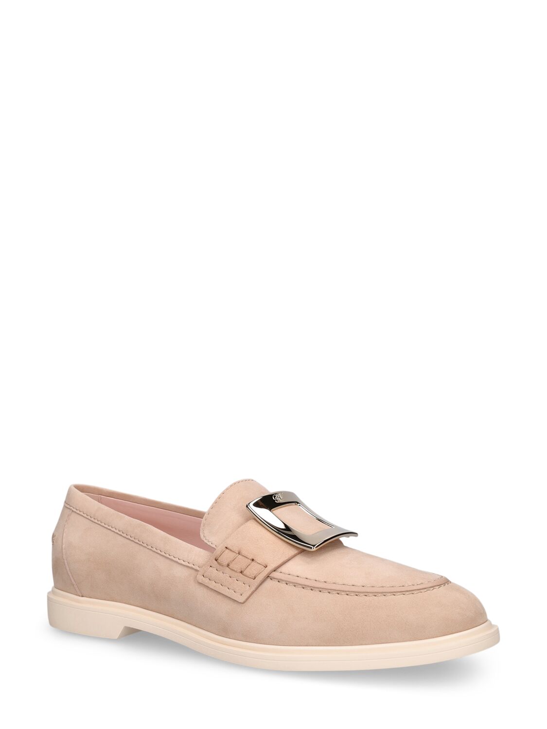 Shop Roger Vivier 25mm Metal Buckle Suede Loafers In Nude