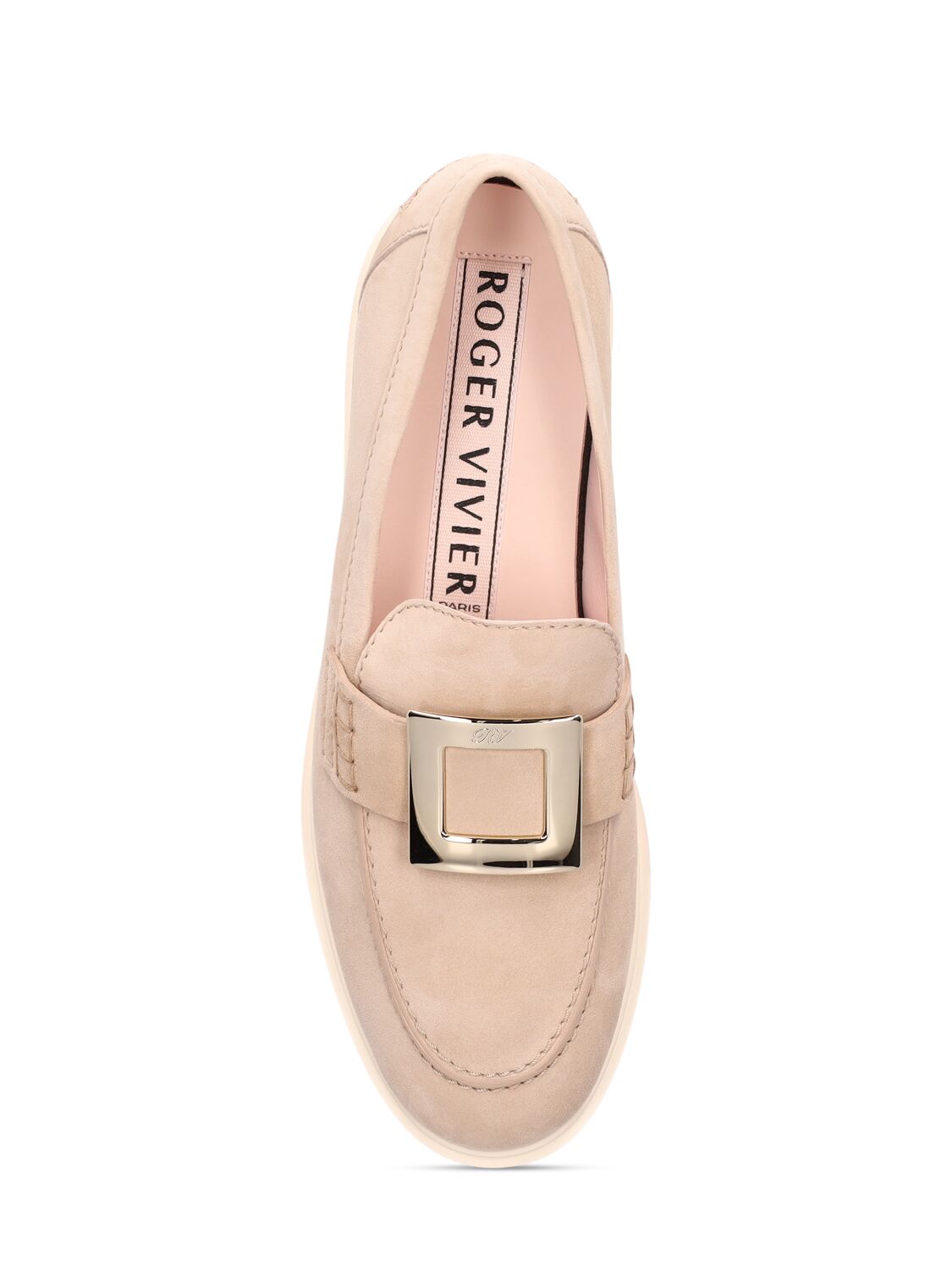 Shop Roger Vivier 25mm Metal Buckle Suede Loafers In Nude