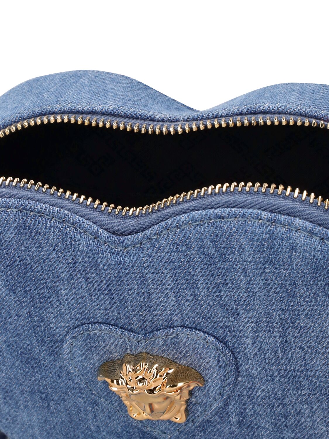 Shop Versace Heart Denim Shoulder Bag In Denim,gold