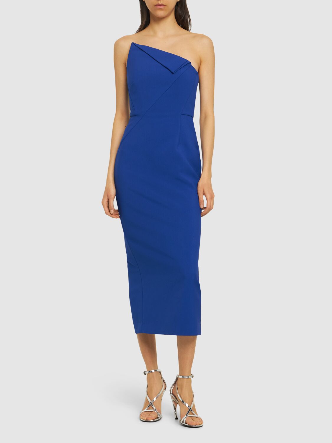 Shop Roland Mouret Strapless Asymmetric Crepe Midi Dress In Blue