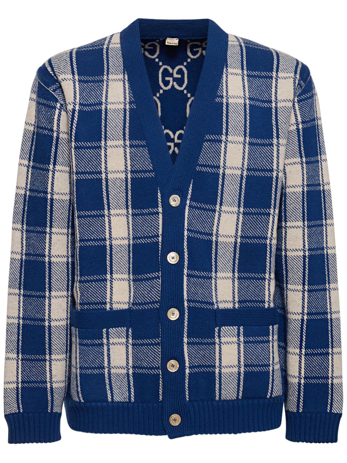 Shop Gucci Gg Checked Wool Cardigan In Blue,ivory