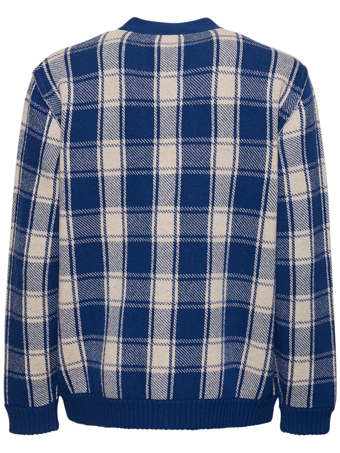 Shop Gucci Gg Checked Wool Cardigan In Blue,ivory