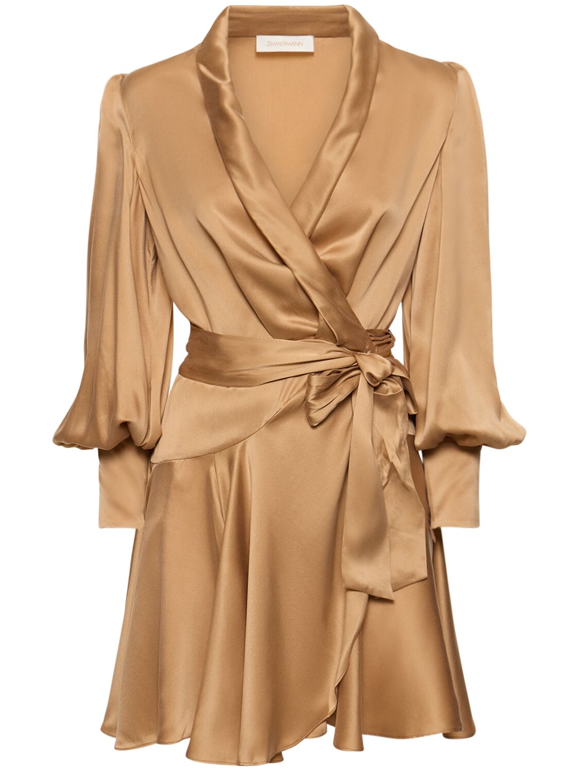 Zimmermann Womens Sand Plunge-neck Wrap-over Silk Mini Dress In Beige