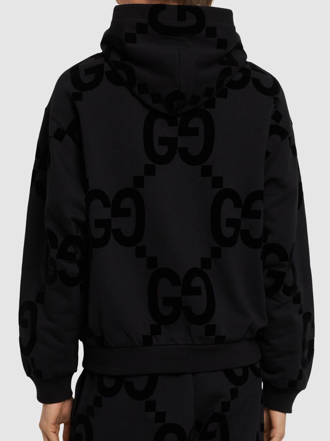 Shop Gucci Gg Flocked Cotton Jersey Hoodie In Black