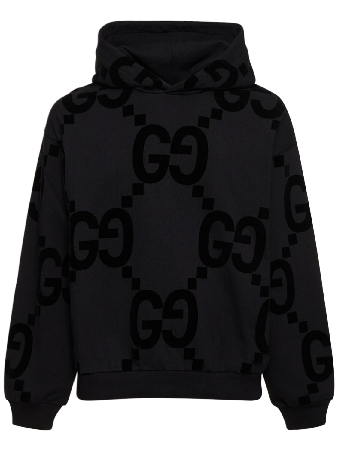 Gucci Gg Flocked Printed Fleece Hoodie In Black