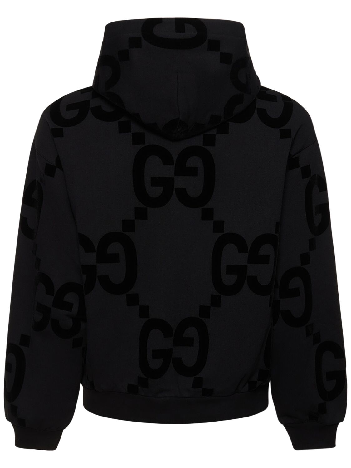 Shop Gucci Gg Flocked Cotton Jersey Hoodie In Black