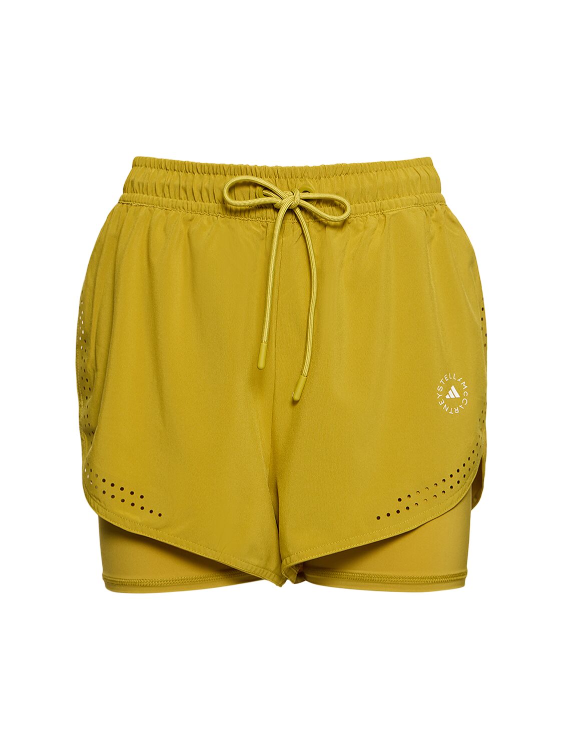 Adidas By Stella Mccartney True Pace 2-in-1 Hi-waist Running Shorts In Pulse Olive