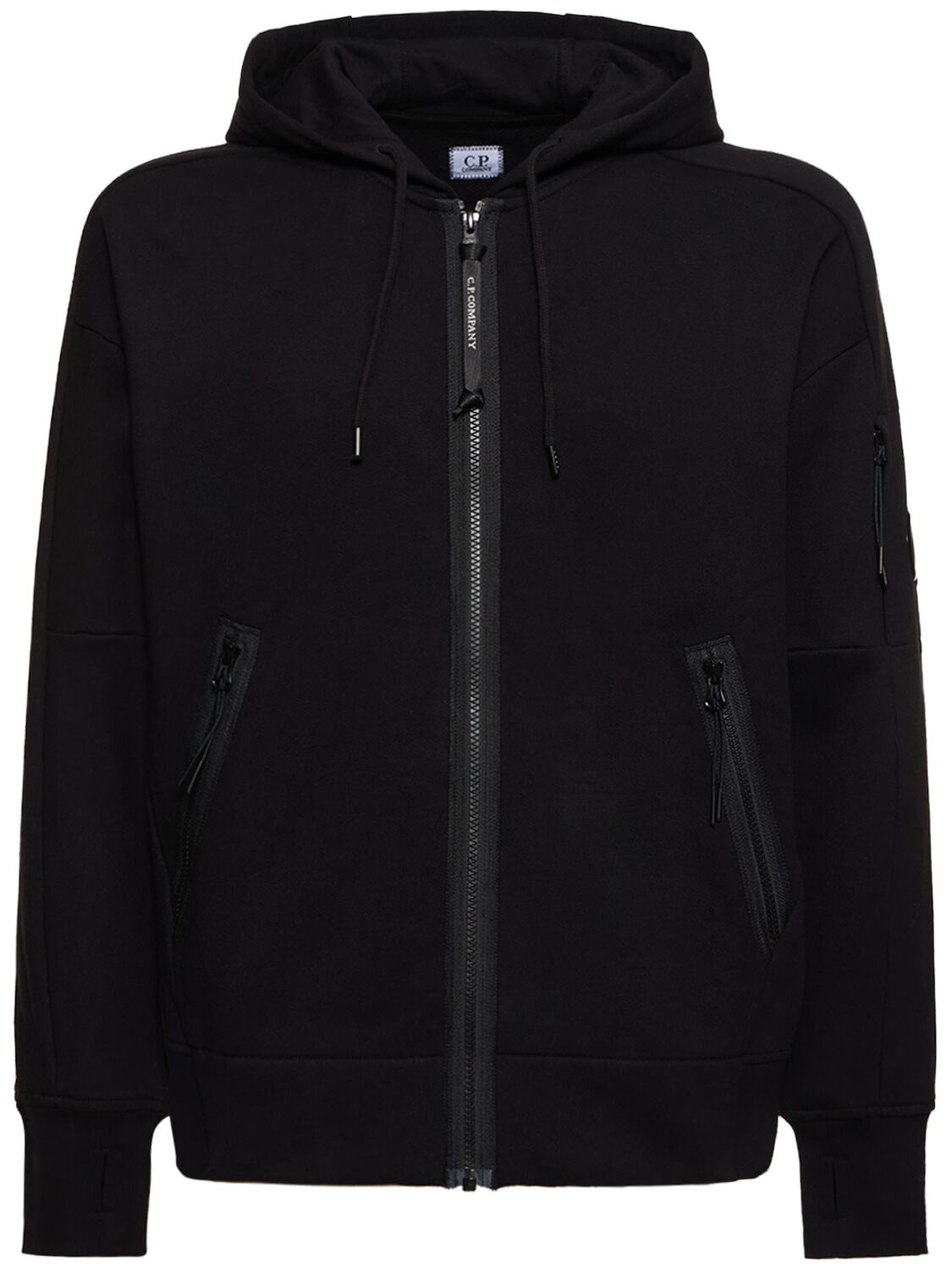 Shop C.p. Company Diagonal Raised Fleece Zipped Hoodie In Black