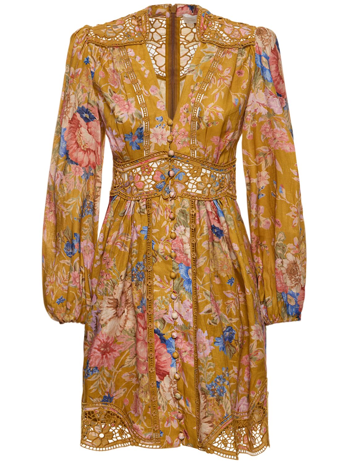 Shop Zimmermann August Plunge Linen Mini Dress In Multicolor