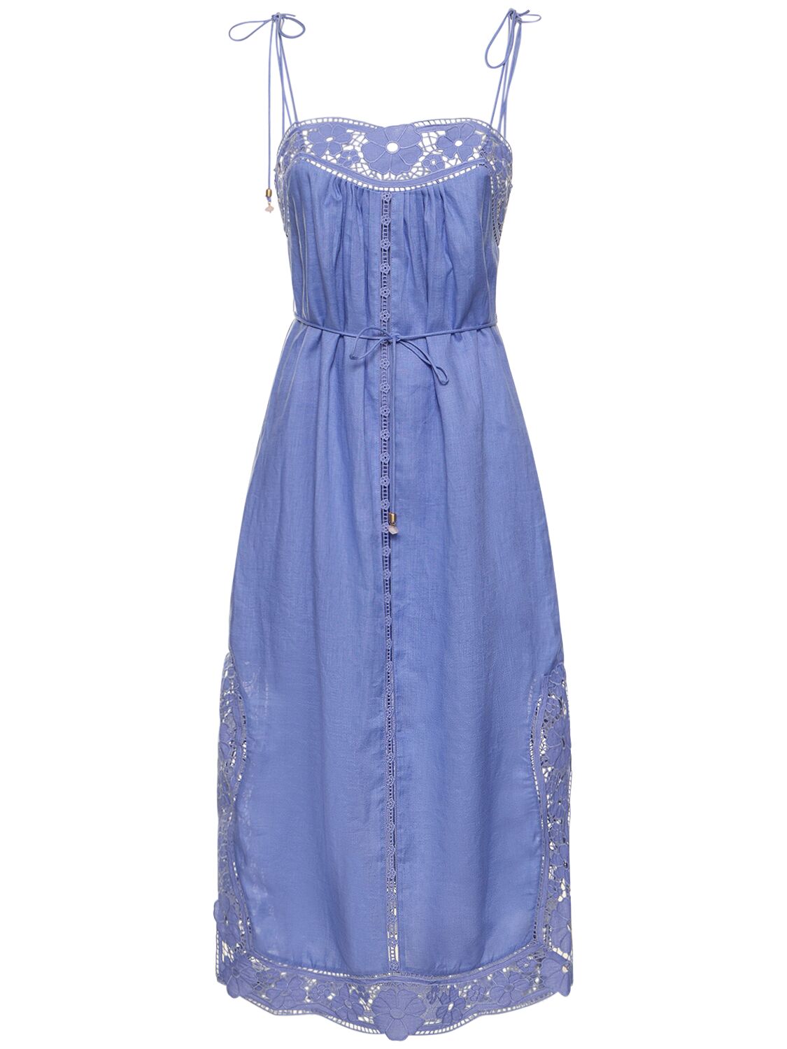 Zimmermann August Belted Broderie Anglaise-trimmed Linen Midi Dress In Dusty Blue