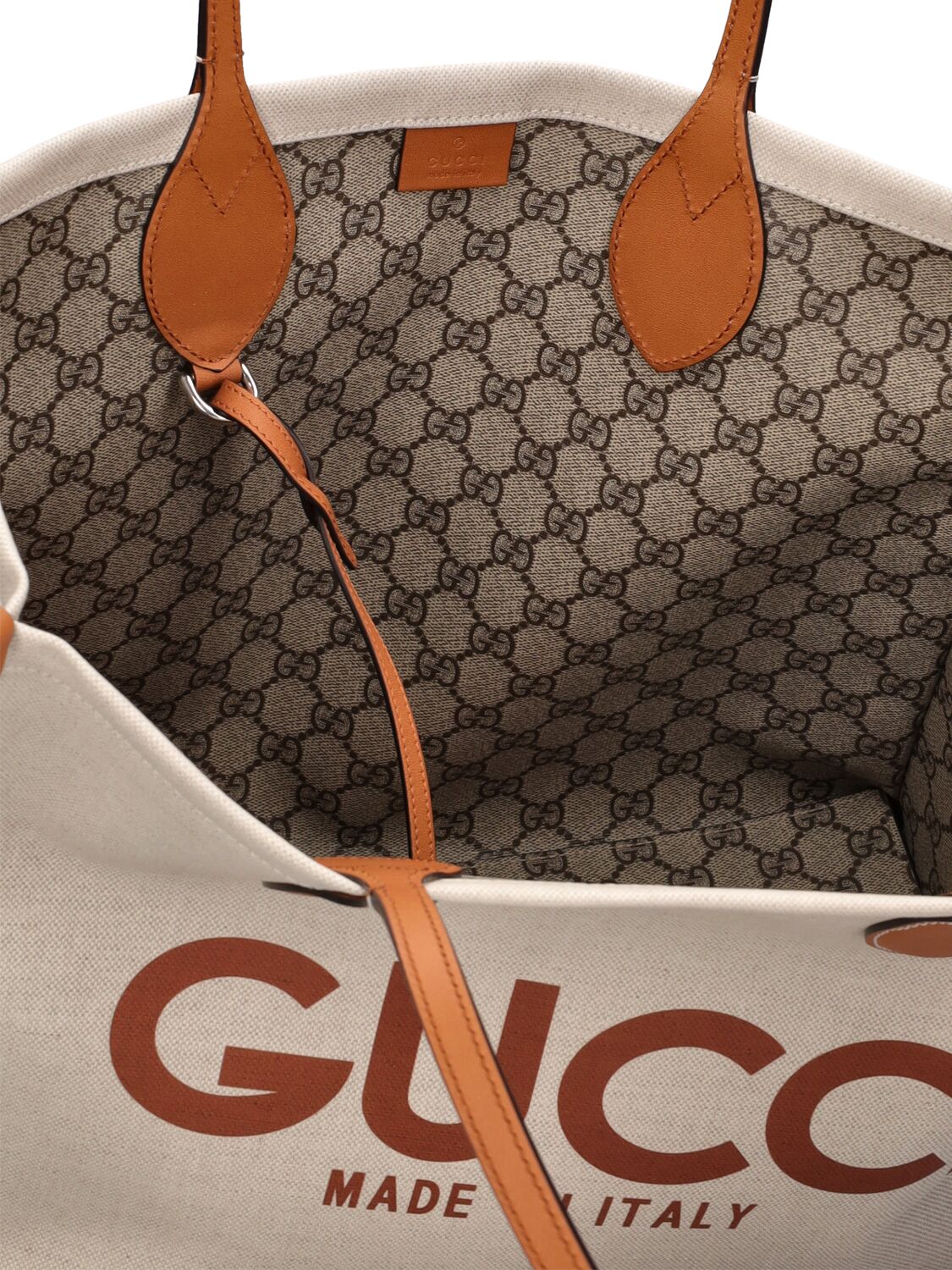 Shop Gucci Canvas Tote Bag W/  Print In White,brown
