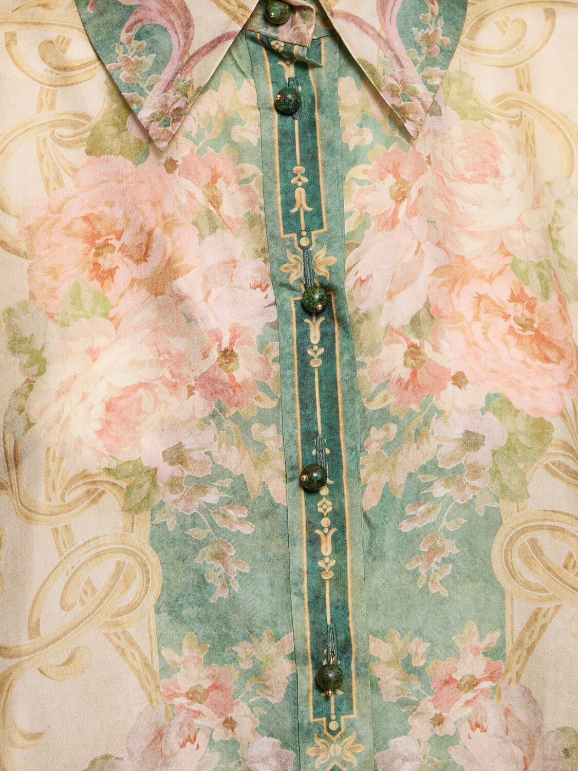 Shop Zimmermann August Short Sleeve Silk Shirt In Khaki Floral