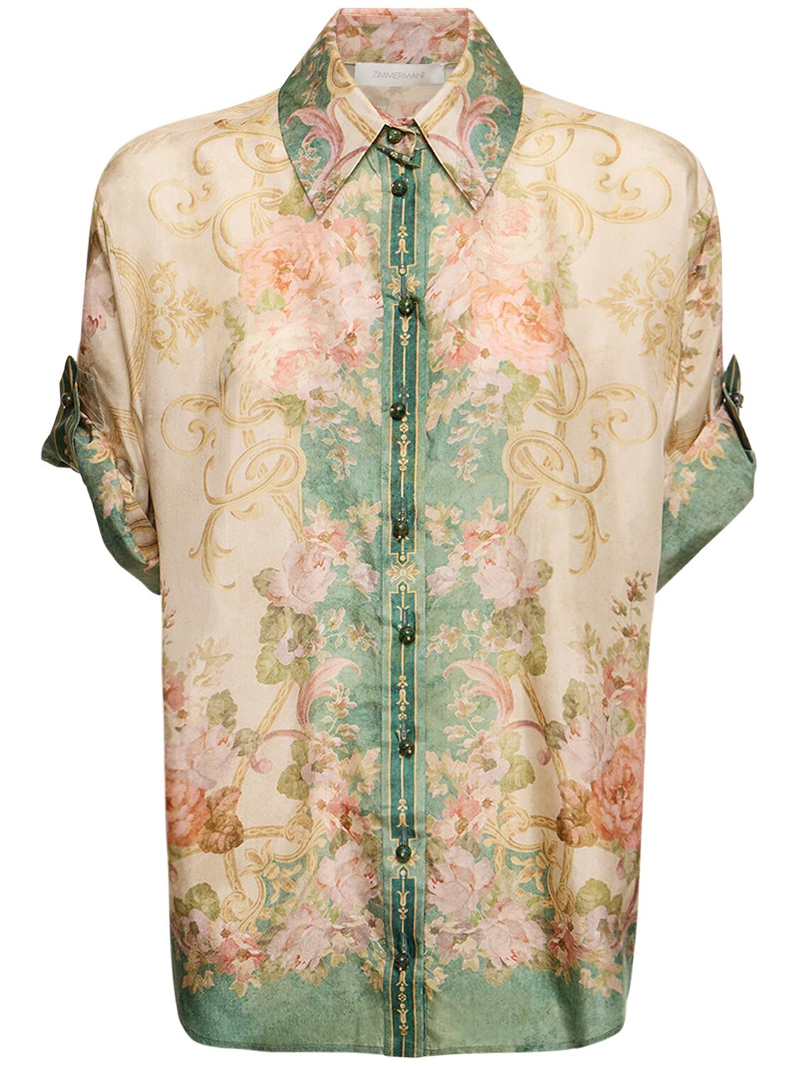 Shop Zimmermann August Short Sleeve Silk Shirt In Khaki Floral