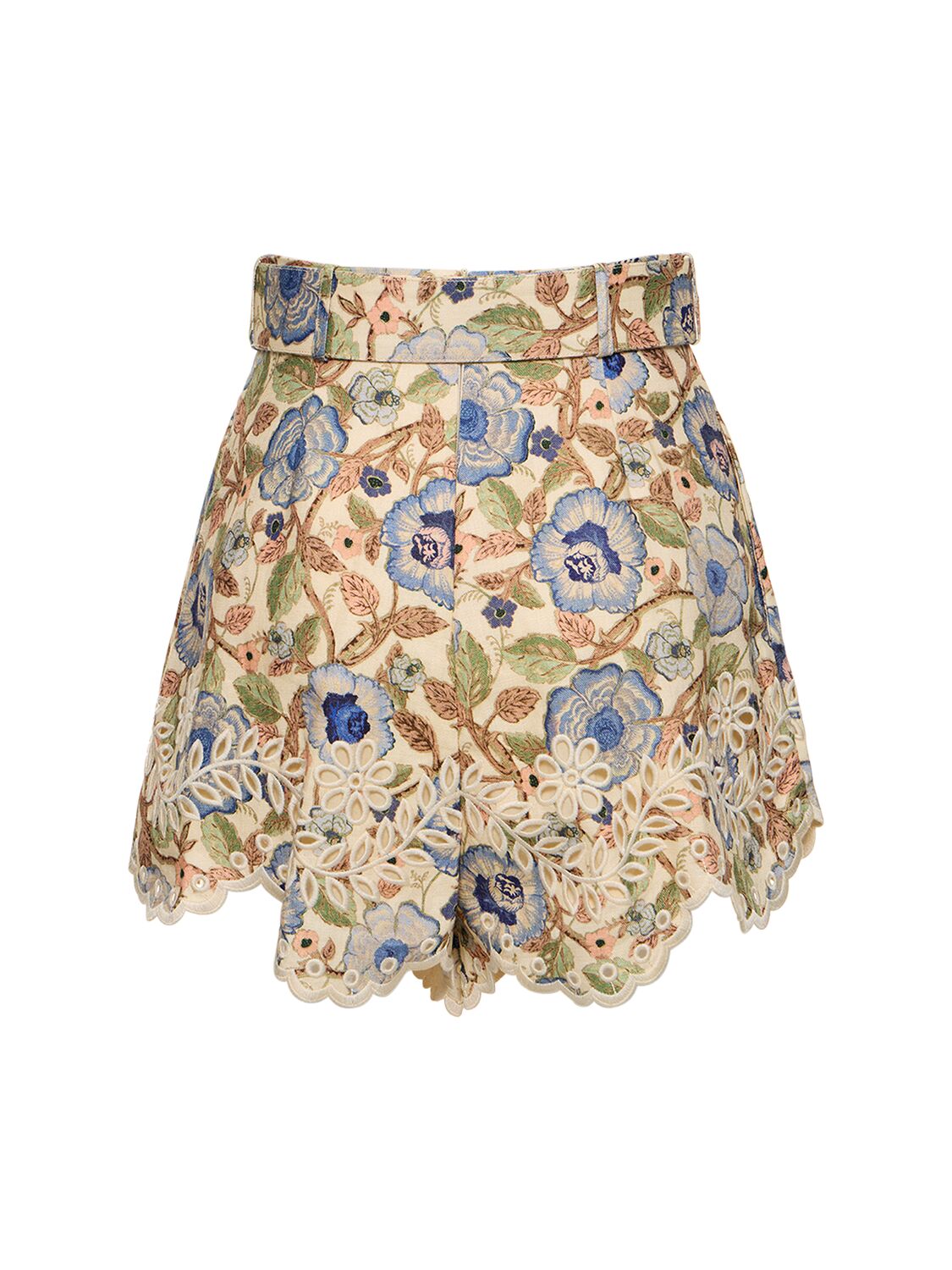 Shop Zimmermann Junie Embroidered Linen Shorts In Ivory,blue