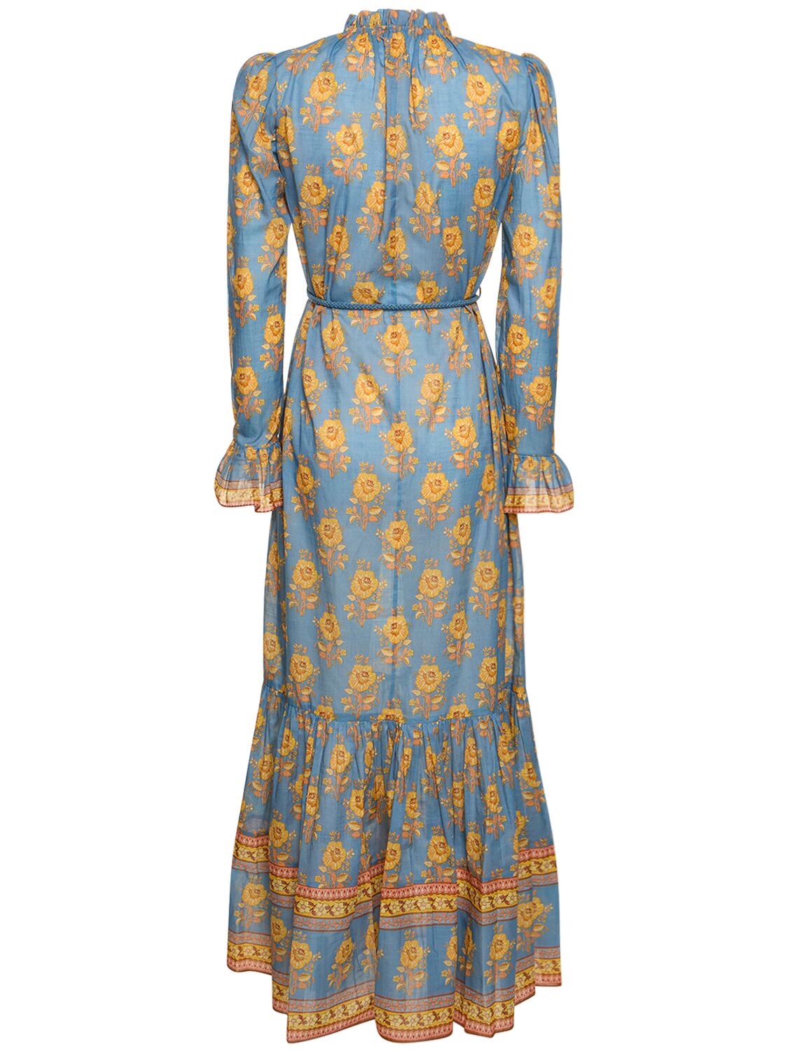 Shop Zimmermann Junie Ruffled Cotton Midi Dress In Blue,yellow