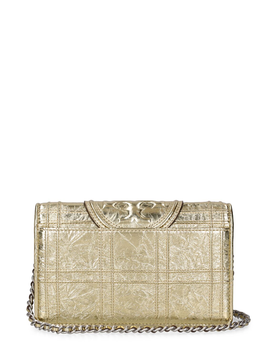 Shop Tory Burch Metallic Square Leather Chain Wallet In Gold