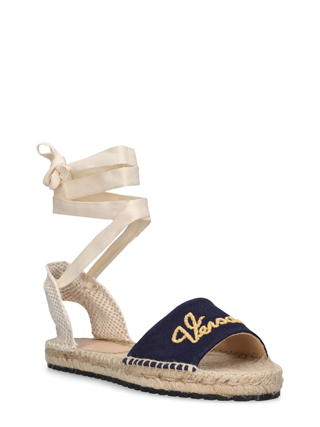 Shop Versace Logo Embroidered Espadrille Sandals In Navy,beige