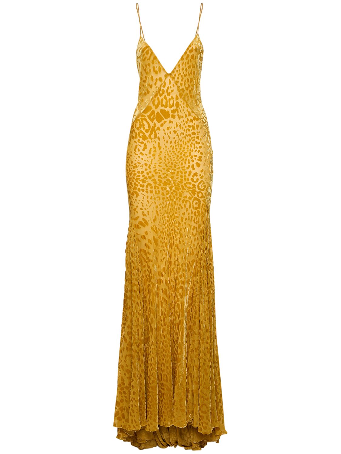 Roberto Cavalli Leopard Velvet Devoré Long Dress In Yellow Ocher