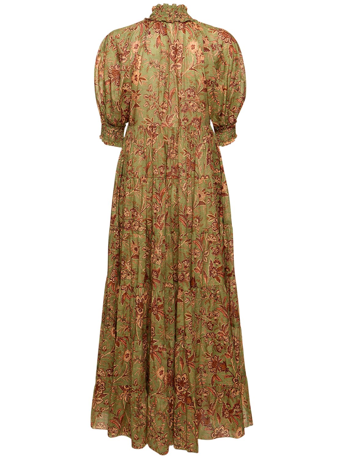 Shop Zimmermann Junie Swing Tiered Cotton Maxi Dress In Sage,brown