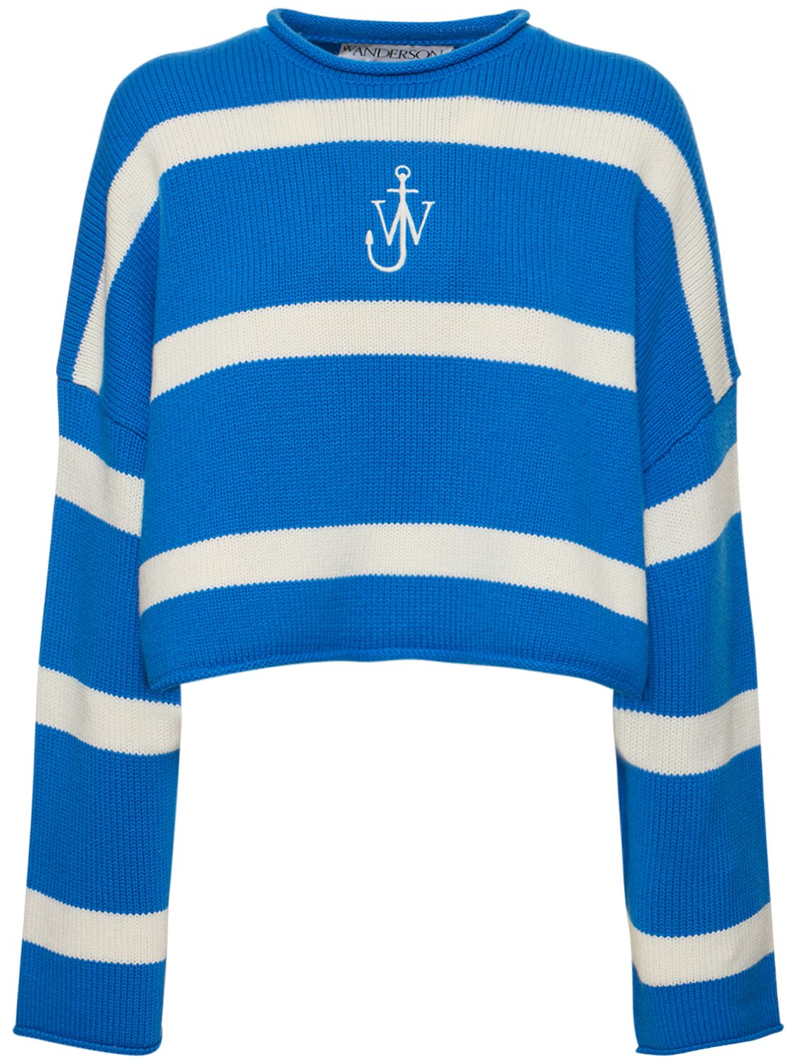 Jw Anderson Logo Striped Wool & Cashmere Sweater In Blue,white