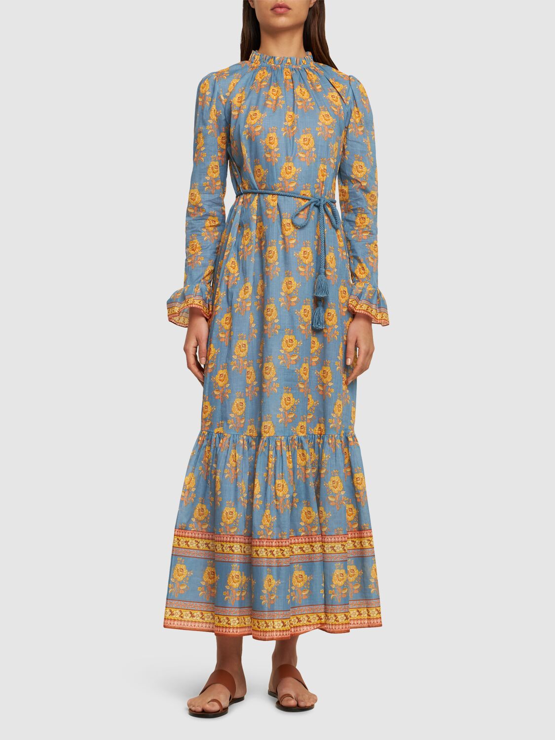 Shop Zimmermann Junie Ruffled Cotton Midi Dress In Blue,yellow