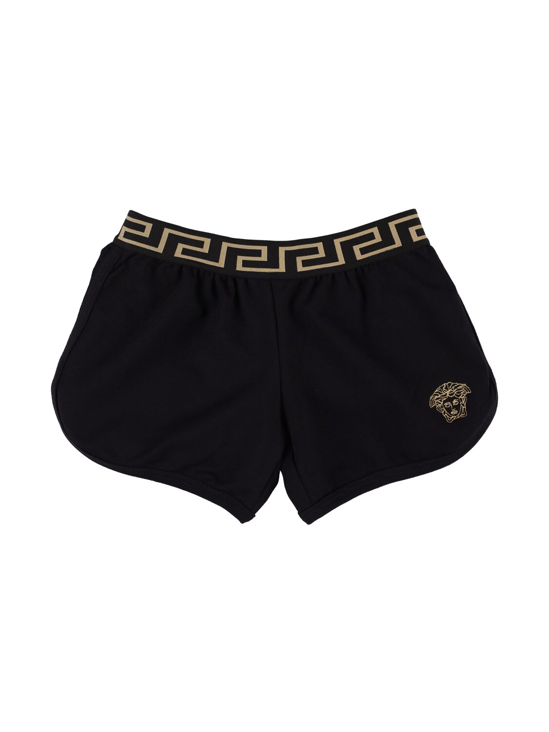 Versace Kids' 刺绣棉质平纹针织短裤 In Black,gold
