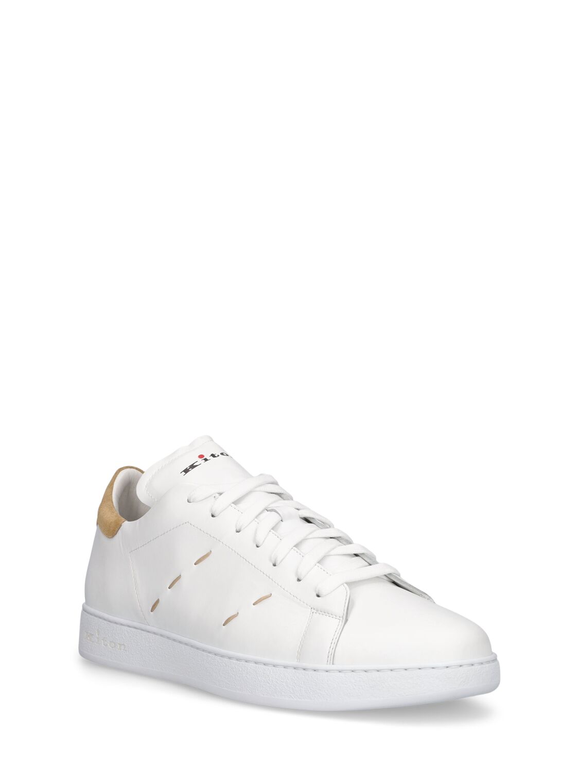 Shop Kiton Leather Low Top Sneakers In White,havana
